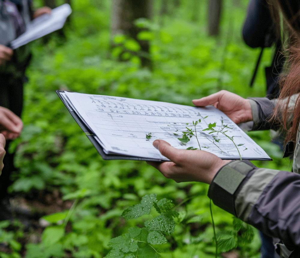 Rilievo botanico: una mano regge una scheda di campo tra la vegetazione